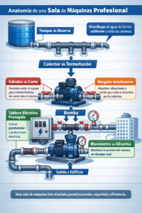 Infografia: Esquema técnico de sala de Instalación de bombas de agua y colectores de termofusión.