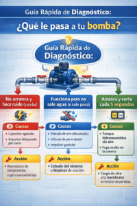 Infografía de diagnóstico de fallas comunes en bombas de agua centrífugas y presurizadoras