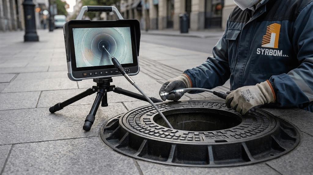 Técnico de Syrbom operando una cámara robótica de videoinspección técnica en una cañería de alcantarillado en Rosario. Mantenimiento de Desagües y Saneamiento