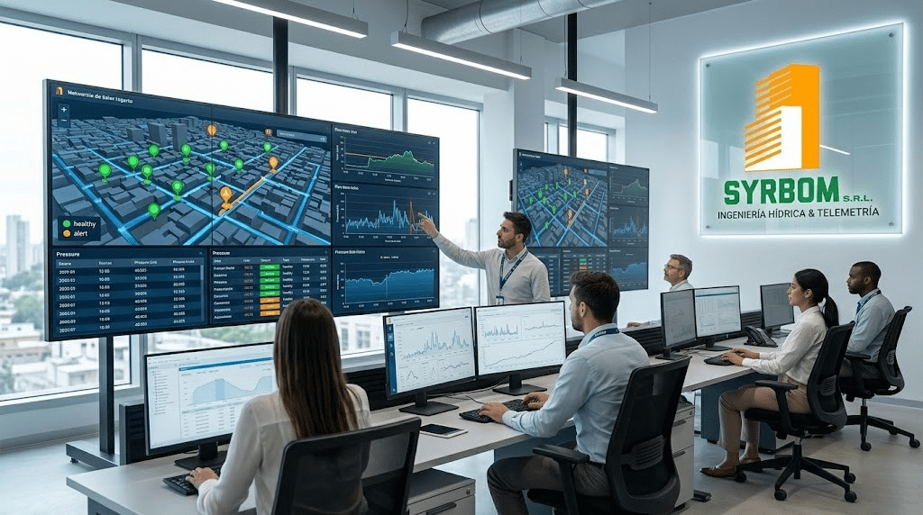 Imagen principal de Syrbom para la guía de telemetría, mostrando un moderno centro de control digital con pantallas gigantes y análisis de datos hídricos en tiempo real en Rosario. Imagen principal de Syrbom para la guía de telemetría, mostrando un moderno centro de control digital con pantallas gigantes y análisis de datos hídricos en tiempo real en Rosario.