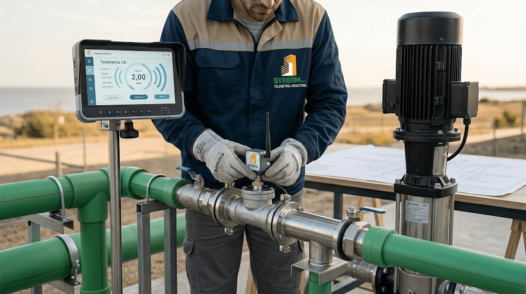 Técnico de Syrbom operando una cámara robótica de videoinspección técnica en una bomba de agua industrial y tuberías de termofusión verdes en un entorno externo de Rosario.