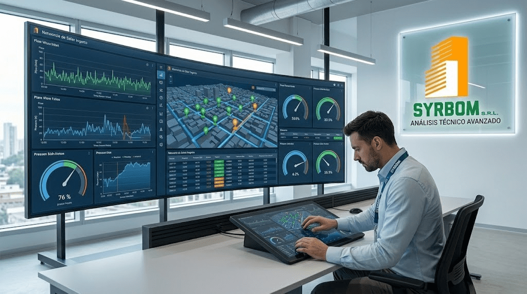 Infografía técnica de monitoreo y telemetría de Syrbom, mostrando sensores inteligentes, transmisión de datos inalámbrica y análisis profesional en un moderno centro de control digital. Infografía técnica de monitoreo y telemetría de Syrbom, mostrando sensores inteligentes, transmisión de datos inalámbrica y análisis profesional en un moderno centro de control digital.