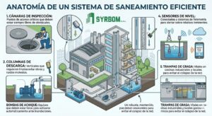 Infografía técnica de un sistema de saneamiento eficiente y desagües, con isotipo oficial de SYRBOM SRL Rosario