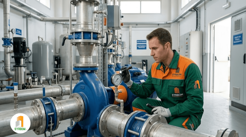 Técnico de Syrbom realizando el mantenimiento de una bomba de agua centrífuga.
