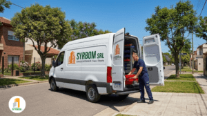 Camioneta de servicio técnico de Syrbom en una zona residencial de Funes.