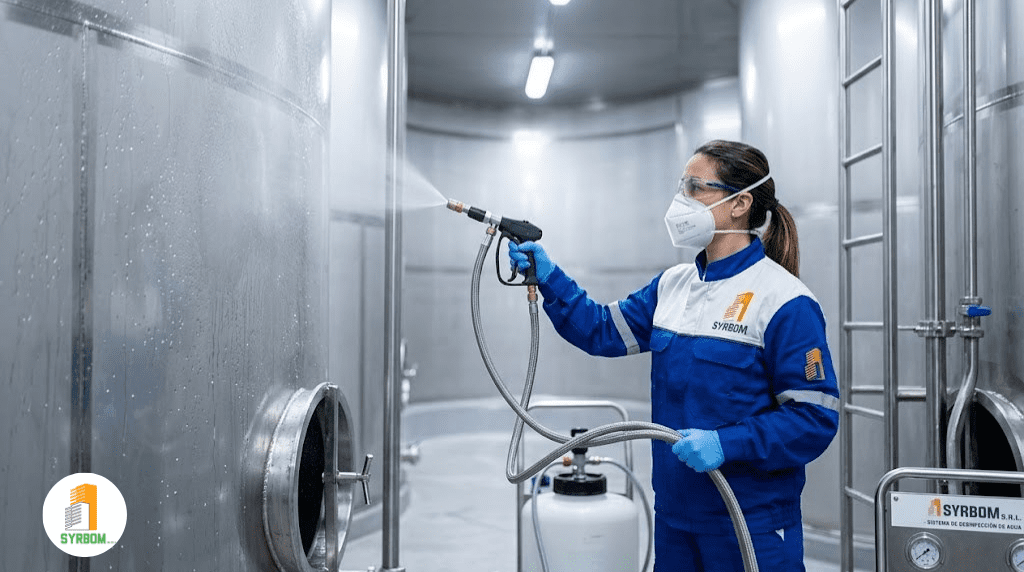 Técnico de Syrbom realizando desinfección de tanque de agua en Rosario.