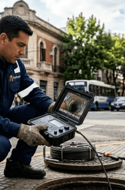 Cámara de video inspección HD localizando obstrucción en cañería cloacal