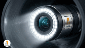 Cámara de inspección HD con iluminación LED para tuberías oscuras.