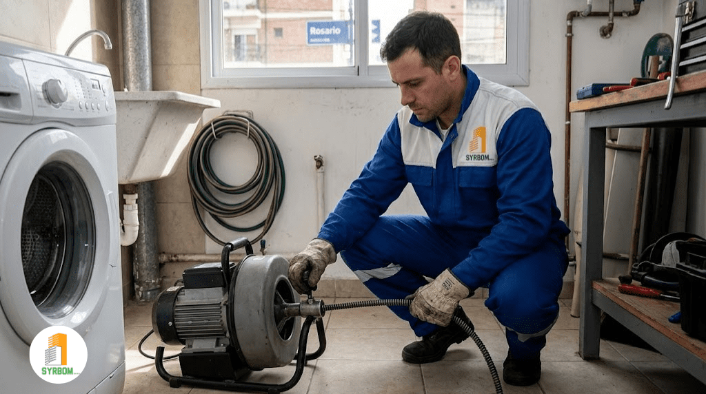 Operario de Syrbom realizando una destapación de cañería con máquina rotativa en Rosario.