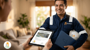 Técnico entregando un informe técnico de videoinspección y garantía escrita.