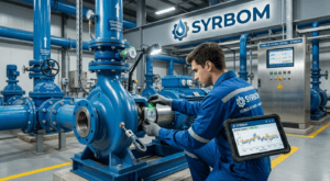Técnico de SYRBOM realizando instalación de sensor IoT en bomba de agua. Técnico de SYRBOM realizando instalación de sensor IoT en bomba de agua.