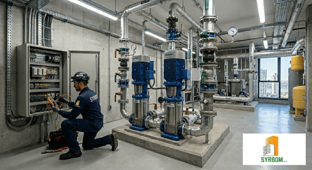 Técnico de Syrbom realizando mantenimiento de bombas de agua en edificio de Rosario.