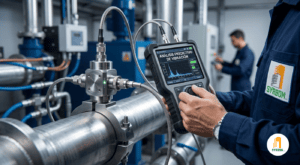 Técnico de SYRBON utilizando sensores de alta precisión para diagnóstico predictivo en bombas.