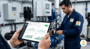 Administrador consultando reportes digitales de mantenimiento de bombas en tablet.