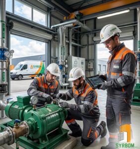Equipo profesional de SYRBOM trabajando en mantenimiento de sistemas hídricos industriales.