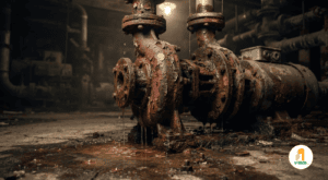 Bomba de agua industrial con signos de corrosión y falla técnica por falta de mantenimiento preventivo.