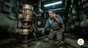 Bomba de agua vieja con pérdida y corrosión en sala de máquinas.