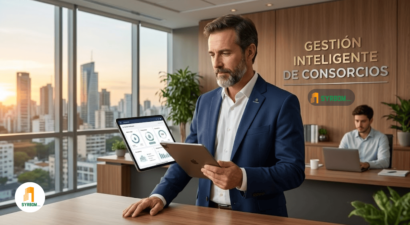 Administrador de consorcios analizando métricas de edificios en tablet.