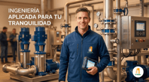 Ingeniero de SYRBON con equipamiento técnico profesional en sala de máquinas.