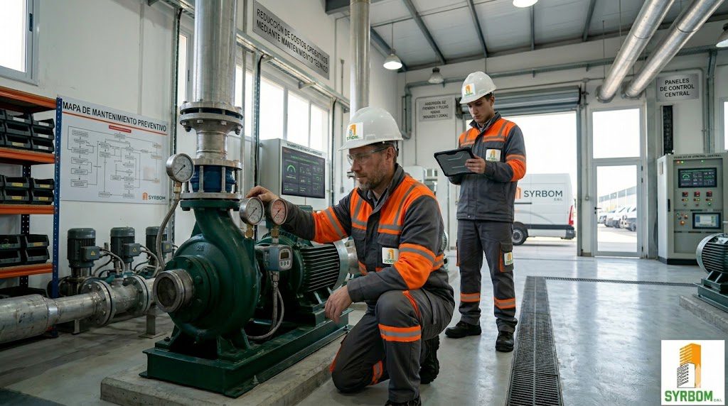 Dos técnicos de SYRBOM realizando mantenimiento preventivo y auditoría en un sistema de bombeo industrial para optimizar costos operativos.