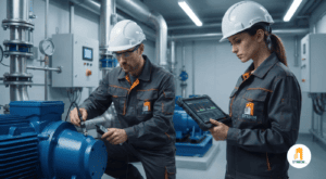 Técnicos de SYRBOM realizando mantenimiento predictivo en bombas industriales mediante diagnóstico avanzado y herramientas tecnológicas.