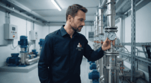 Técnico de Syrbom realizando mantenimiento preventivo en sala de bombas.