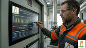 Panel de control de eficiencia operativa de SYRBOM S.R.L. analizando informes de ahorro de costos y consumo energético industrial. Panel de control de eficiencia operativa de SYRBOM S.R.L. analizando informes de ahorro de costos y consumo energético industrial.