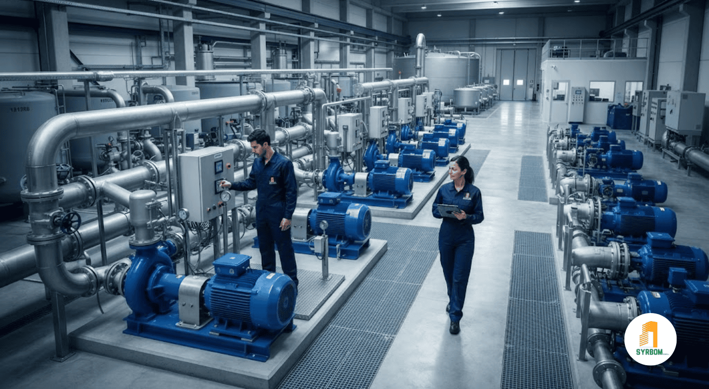 Sala de bombas industriales de alto rendimiento con mantenimiento profesional integral realizado por SYRBOM.