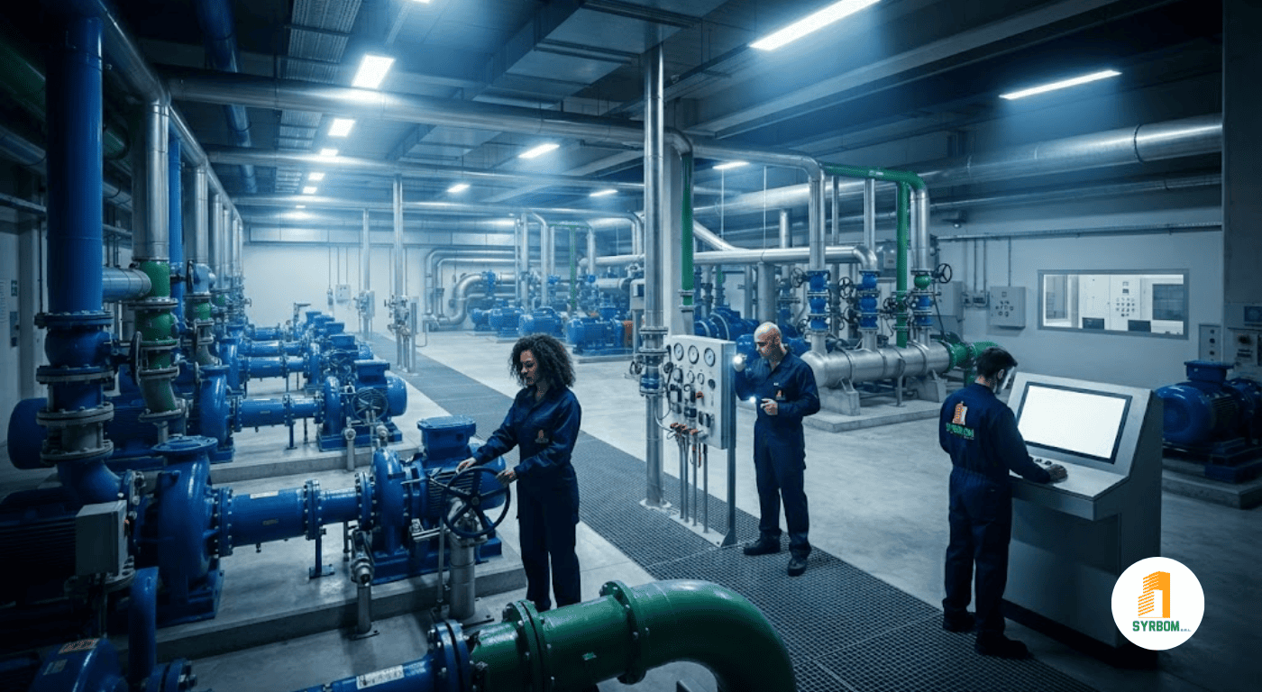 Sala de bombas de agua industriales de alto rendimiento con mantenimiento integral realizado por SYRBOM.