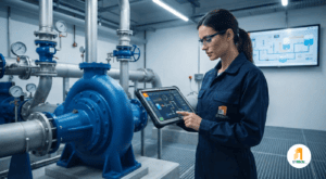 Técnico de SYRBOM monitoreando el estado de bombas de agua industriales mediante tablet para mantenimiento predictivo
