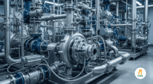 Detalle técnico de bomba de agua industrial de acero inoxidable en planta con sistema hídrico optimizado.