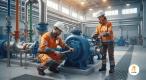 Equipo de técnicos de SYRBOM realizando mantenimiento preventivo especializado en bombas de agua industriales.